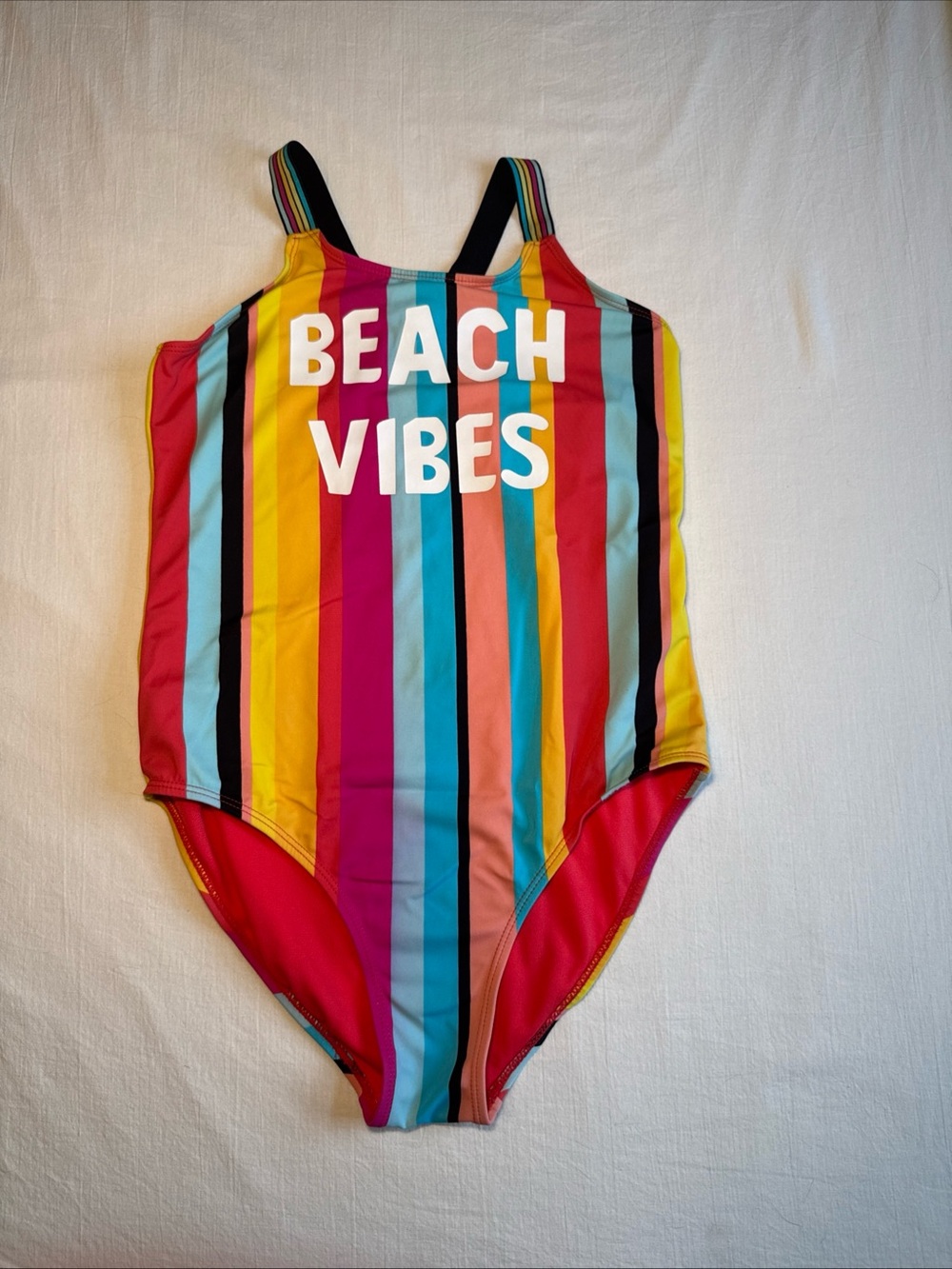 Beach Vibes Girls One Piece Bathing Swim Suit Size LG 10-12 Stripes Yellow Blue